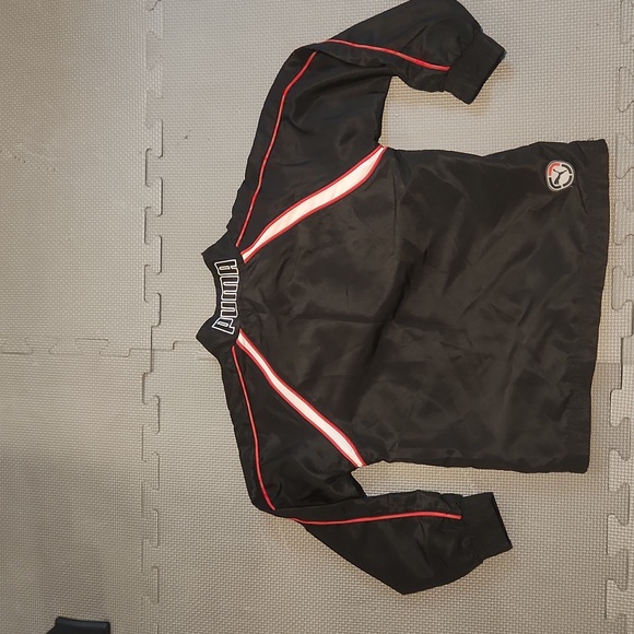 Boys 1/4 Zip Red‎ Black Puma Windbreaker Long Sleeve Top Pockets Logos - Picture 5 of 7